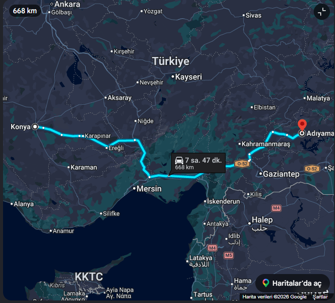 Konya - Adıyaman Nakliye Güzergahı Konya ile Adıyaman arasındaki yaklaşık 660 kilometrelik mesafe